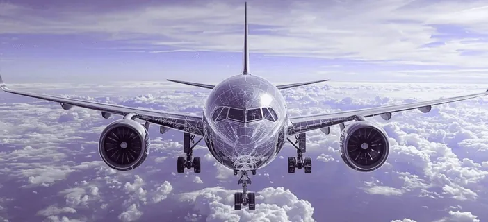 Avion de ligne en vol au-dessus des nuages, recouvert d’un maillage de simulation