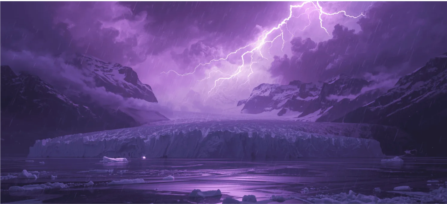 Éclair au-dessus d’un glacier et d’une mer gelée sous un ciel d’orage violet