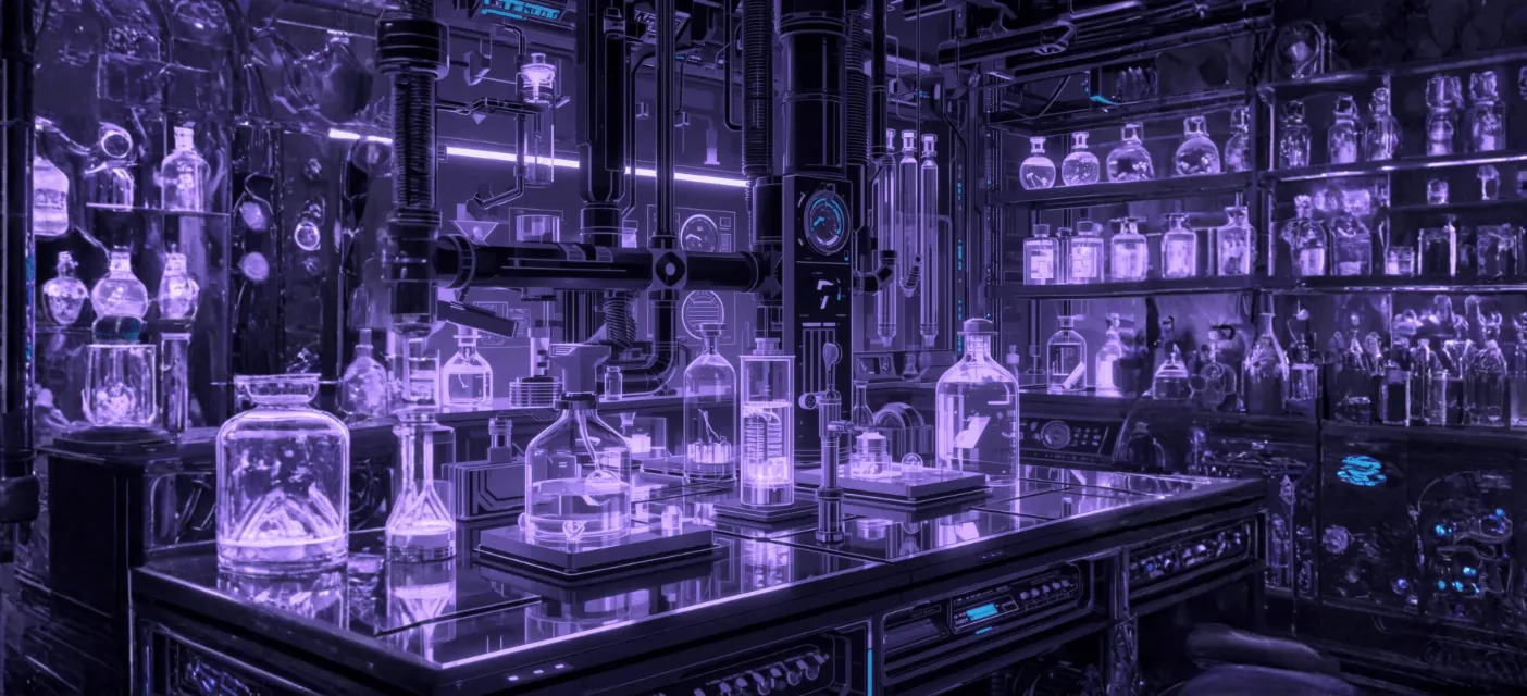 Laboratoire futuriste aux reflets violets, fioles et alambics pour la recherche en parfumerie