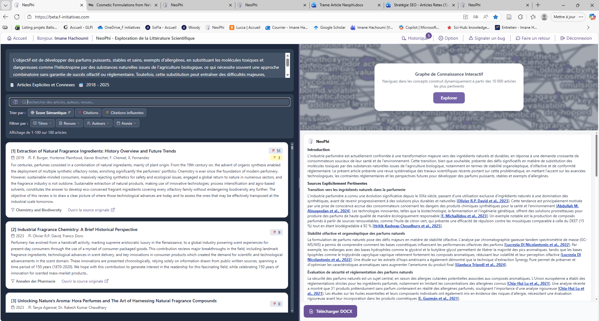 NeoPhi classant des articles sur les ingrédients de parfums naturels, avec graphe et revue générée