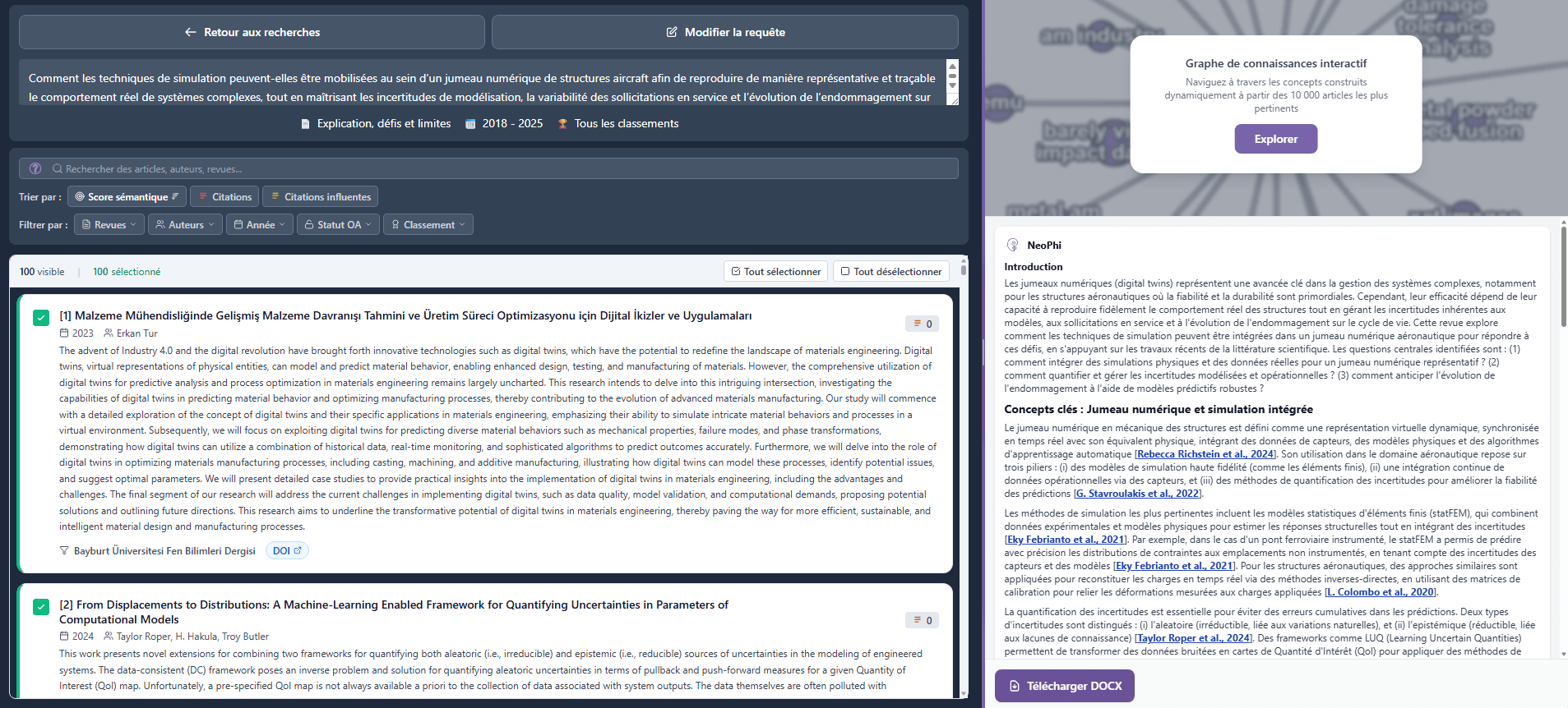 Recherche sémantique NeoPhi : articles classés, graphe de connaissances et introduction générée