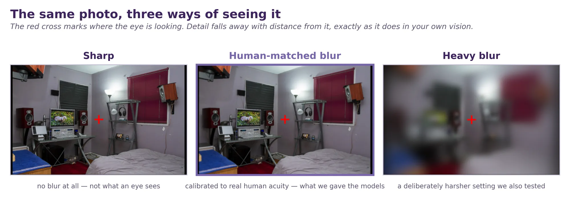 Fig. 2. Three versions of the same bedroom photo. The first is sharp, the second is almost identical with slight blurring toward the edges, and the third is heavily blurred except near a small red cross in the centre.